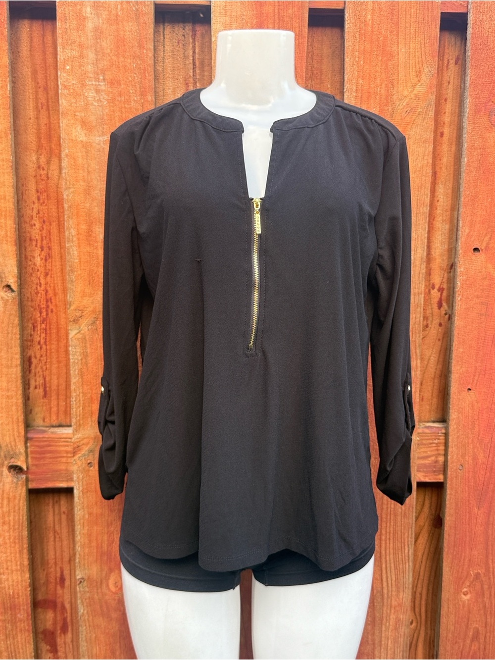 89th + Madison Black Rhinestone Zipper Pull Roll Tab Sleeve Blouse Large L